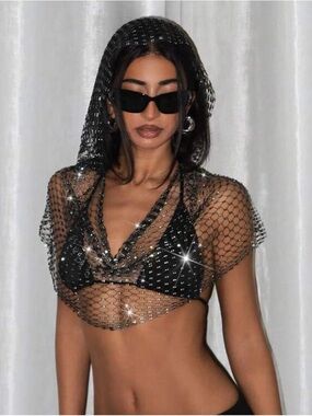 Black Rhinestone Mesh Hooded Crop Top